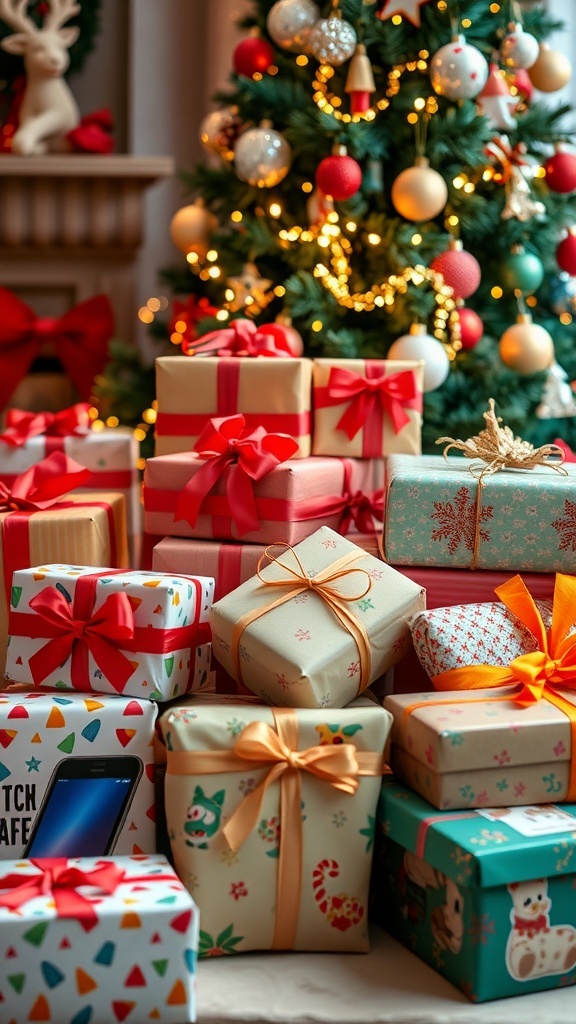 A collection of Christmas gifts including gadgets, blankets, and toys, with a decorated Christmas tree in the background.